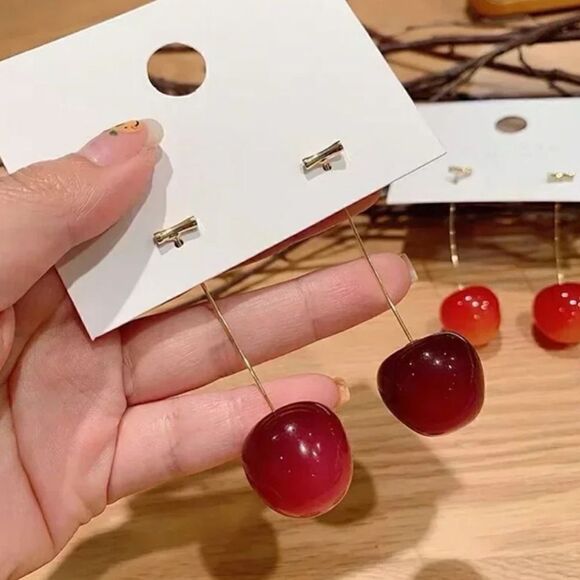 Cherry Earrings Red Fruit Fashion Jewelry Size 0.83''x1.7'' - Picture 7 of 11